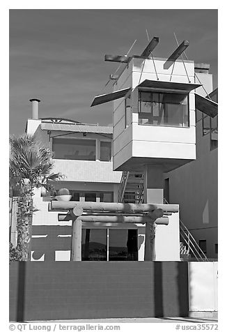 Beach house with lookout tower. Venice, Los Angeles, California, USA (black and white)