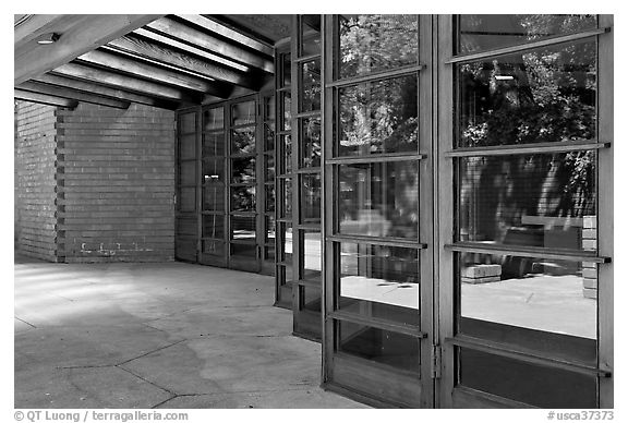 Windows outside the Library, Hanna House, designed by Frank Lloyd Wright. Stanford University, California, USA (black and white)