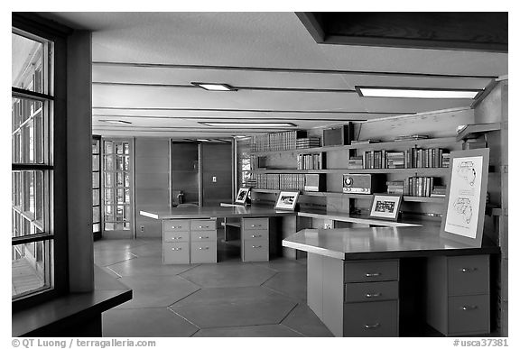 Library with fireplace,  Frank Lloyd Wright Honeycomb House. Stanford University, California, USA (black and white)
