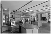 Hexagonally shaped desks in library, Hanna House. Stanford University, California, USA ( black and white)