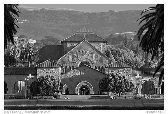 Memorial Church, main Quad, and foothills. Stanford University, SF Bay area, California, USA