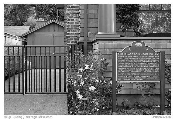 Hewlett-Packard garage and historical landmark sign. Palo Alto,  California, USA (black and white)