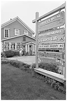Zabella House and signs. Half Moon Bay, California, USA (black and white)