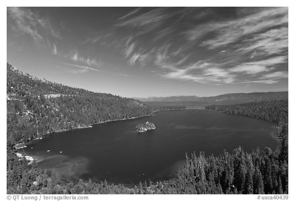 Wide view of Emerald Bay and Lake Tahoe, California. USA (black and white)