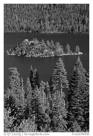 Fannette Island and Tea House, Emerald Bay State Park, California. USA (black and white)
