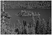 Forested slopes and Fannette Island, Emerald Bay, California. USA (black and white)