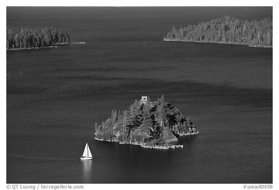 Mouth of Emerald Bay, Fannette Island, and sailboat, Lake Tahoe, California. USA (black and white)