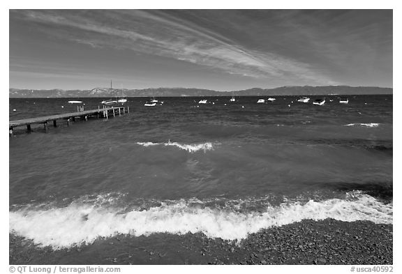 Surf break and dock, West shore, Lake Tahoe, California. USA (black and white)