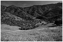 El Portal, nested below hills covered with spring flowers. El Portal, California, USA (black and white)