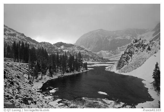 Ellery Lake with fresh snow, sunrise. California, USA (black and white)
