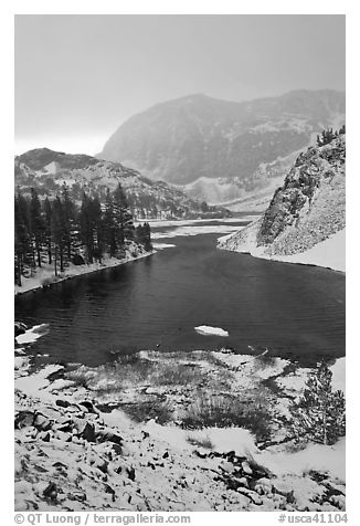 Early spring snow on Ellery Lake, sunrise. California, USA (black and white)