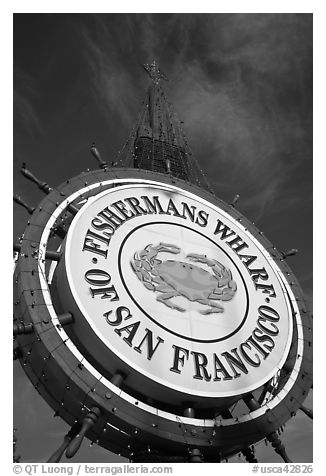 Fishermans Wharf sign against sky. San Francisco, California, USA (black and white)