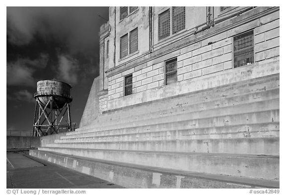 Recreation Yard and water tower, Alcatraz. San Francisco, California, USA (black and white)