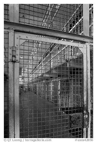 Grids and cells, Alcatraz Prison interior. San Francisco, California, USA
