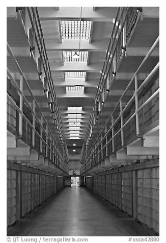 Cellhouse interior, Alcatraz Penitentiary. San Francisco, California, USA (black and white)
