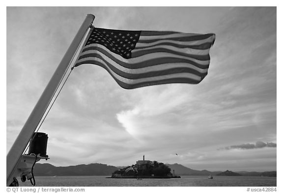 American Flag and Alcatraz Island. San Francisco, California, USA