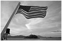 American Flag and Alcatraz Island. San Francisco, California, USA (black and white)