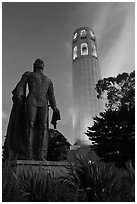 Columbus statue and Coit Tower, dusk. San Francisco, California, USA ( black and white)