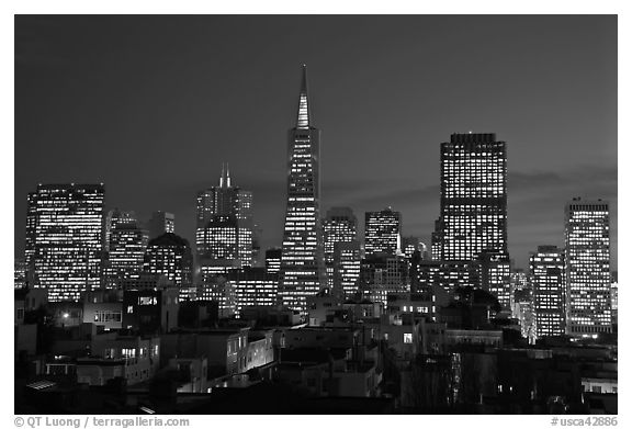 Financial district skyline at dusk. San Francisco, California, USA (black and white)