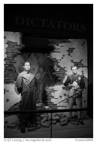 Wax figures of dictators of unequal historical importance, Madame Tussauds. San Francisco, California, USA (black and white)