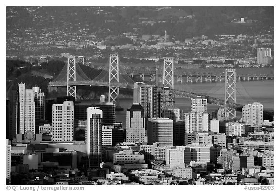San Francisco high-rises, Bay Bridge, Yerba Buena Island, and East Bay. San Francisco, California, USA (black and white)