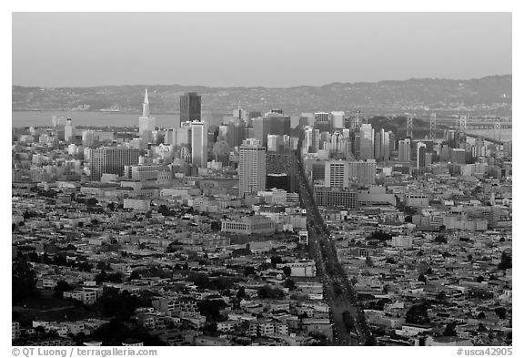 San Francisco cityscape with last sunlight from Twin Peaks. San Francisco, California, USA (black and white)