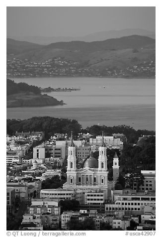 St Ignatius church, USF, and San Francisco Bay at sunset. San Francisco, California, USA