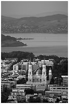 St Ignatius church, USF, and San Francisco Bay at sunset. San Francisco, California, USA ( black and white)