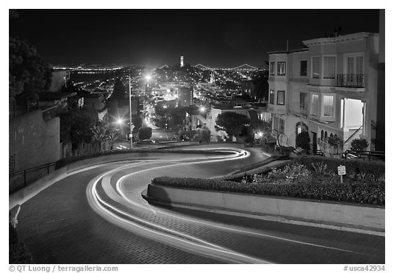 Crooked section of Lombard Street at night. San Francisco, California, USA (black and white)
