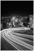 Light blurs on Lombard Street at night. San Francisco, California, USA ( black and white)