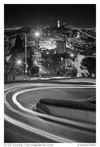 Tight hairpins turn by night on Lombard Street. San Francisco, California, USA (black and white)
