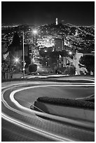 Tight hairpins turn by night on Lombard Street. San Francisco, California, USA (black and white)