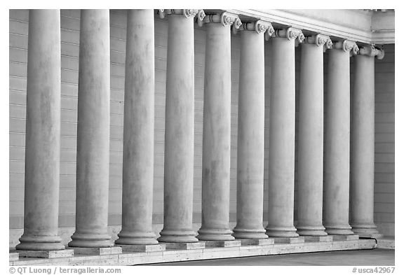 Row of columns, Legion of Honor, early morning, Lincoln Park. San Francisco, California, USA (black and white)