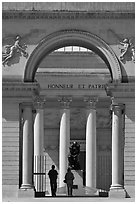 Entrance, Rodin sculpture, and tourists, California Palace of the Legion of Honor museum. San Francisco, California, USA ( black and white)
