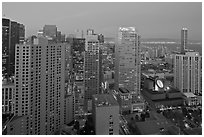 High-rise buildings and SF MOMA at dusk from above. San Francisco, California, USA (black and white)