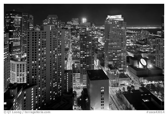 High-rise buildings and SF MOMA at night from above. San Francisco, California, USA (black and white)