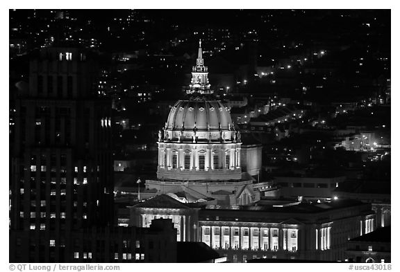 City Hall at night from above. San Francisco, California, USA