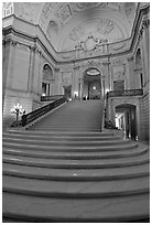 Interior grand stairs, City Hall. San Francisco, California, USA (black and white)