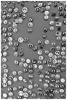 Buttons with peace symbols. San Francisco, California, USA ( black and white)