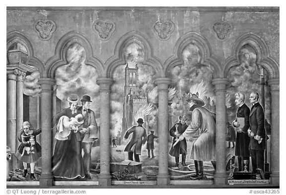 Fresco depicting the fire destroying the old Grace Cathedral, Grace Cathedral. San Francisco, California, USA