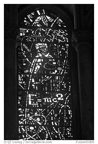 Stained glass window with Einstein figure and famous energy equation, Grace Cathedral. San Francisco, California, USA (black and white)
