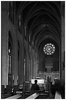 Organist, nave, and rose window, Grace Cathedral. San Francisco, California, USA (black and white)