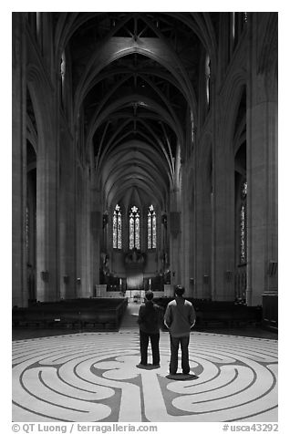 Men standing on the Labyrinth, Grace Cathedral. San Francisco, California, USA (black and white)