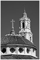 Roof and bell tower, Mission Dolores Basilica. San Francisco, California, USA ( black and white)