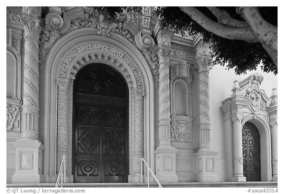 Facade detail with doors, Mission Dolores Basilica. San Francisco, California, USA (black and white)