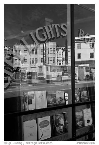 City Light Bookstore storefront with street reflections, North Beach. San Francisco, California, USA