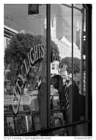 City Light Bookstore glass with church reflexions, North Beach. San Francisco, California, USA