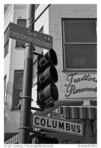 Traffic light and signs, Little Italy, North Beach. San Francisco, California, USA (black and white)