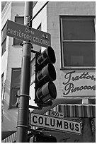 Traffic light and signs, Little Italy, North Beach. San Francisco, California, USA (black and white)