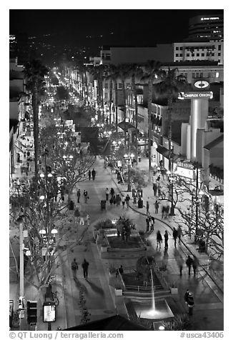Third Street Promenade from above, night. Santa Monica, Los Angeles, California, USA (black and white)